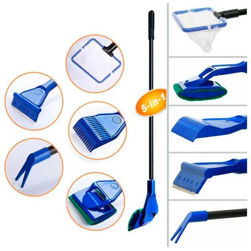 5 in 1 Aquarium Fish Tank Clean Set Algae Scraper Fish Net Sponge Plant Fork Gravel Rake. Telescopic 80cm Rod.