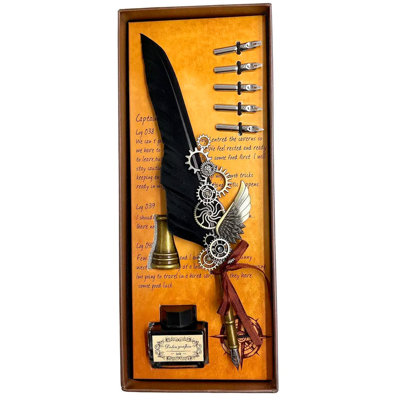 Feather Pen Set, Vintage Carving Glittering Quill Pen Set Antique Calligraphy set Writing Dip Pen with Black Ink, 5 Replacement Nibs, Pen Stand Base, Luxury Signature Pen.