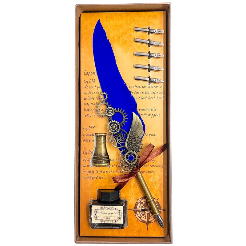 Blue Feather Pen Set, Vintage Carving Glittering Quill Pen Set Antique Calligraphy set Writing Dip Pen with Black Ink, 5 Replacement Nibs, Pen Stand Base, Luxury Signature Pen.