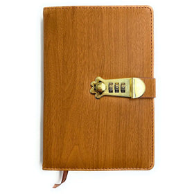 Lock Diary Notebook with Number Lock Combination PU Leather Wood Design Cover 22x15 cm, 230 Pages