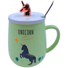 Unicorn Mug Cup 3D Design 350 ML with Lid and Spoon (Green)