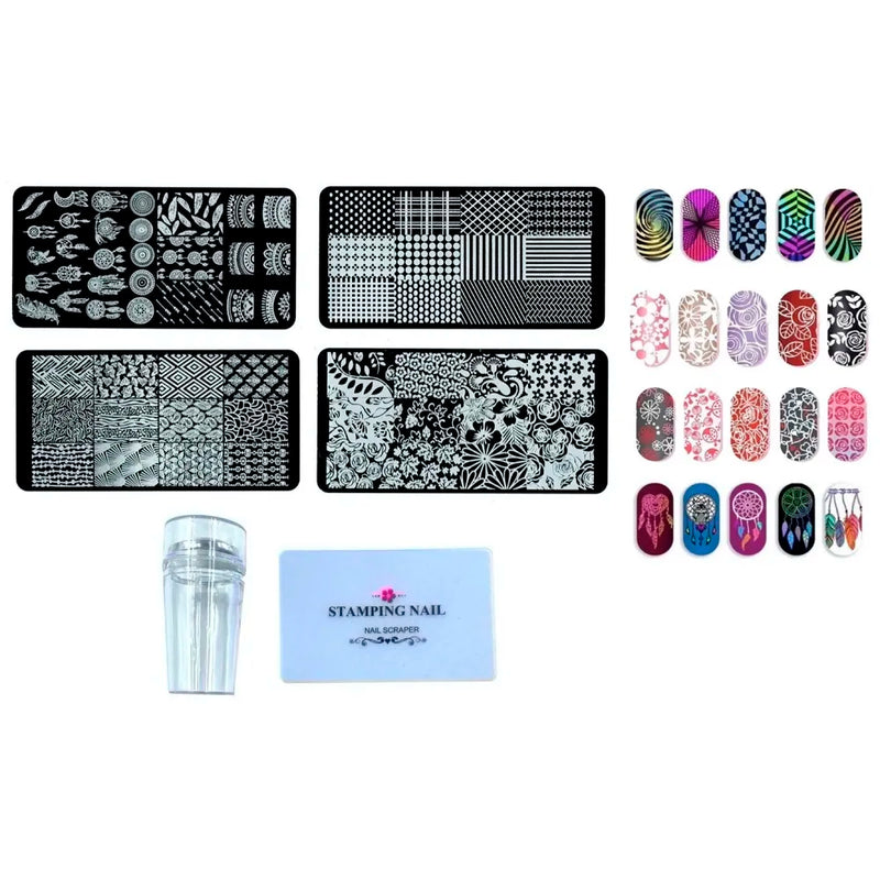 Nail Art Kit 4 Pcs Plates With Stamper And Scraper Complete Set For Beginners.