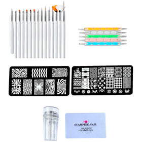 Nail Art Set With 2 Plates, 15 Nail brushes, 5 Dotting Tools, 1 Silicone Stamper And Scrapper Included Complete Kit