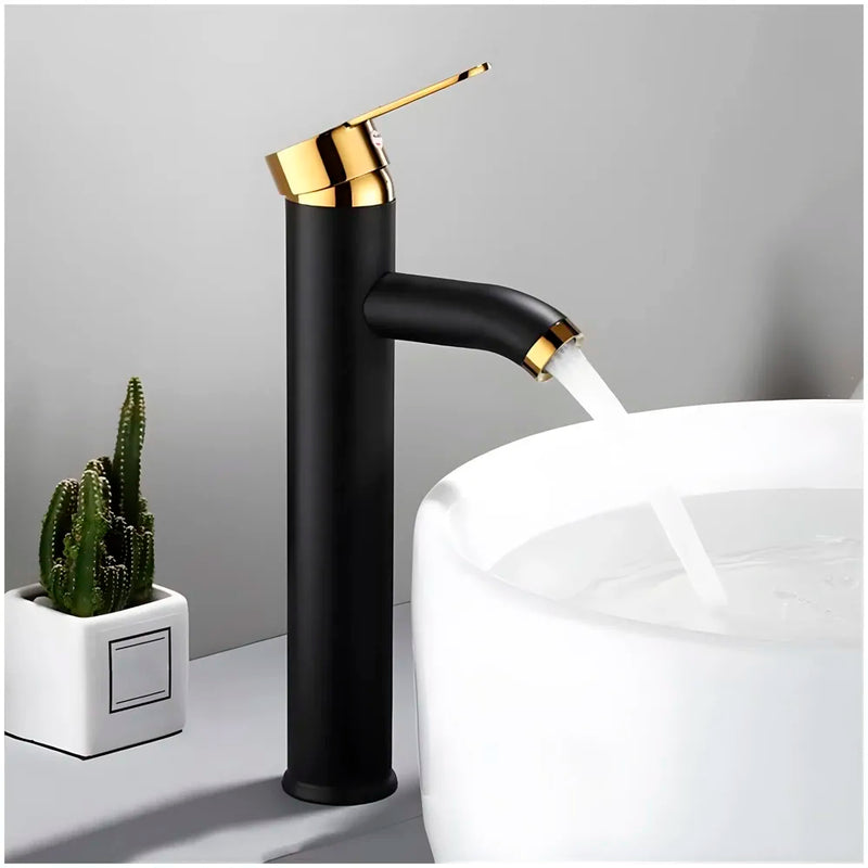 Black Gold Tall Faucet Single Lever Basin Mixer Waterfall Short Black, for Bathroom Washbasins Toilets 12 Inches Height.