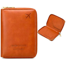 Passport Cover Case with Zip, 2 Passport Slots, 3 Credit Card, Boarding Pass, 2 Sim Slot Oragniser Pouch for Travel, Pocket Size - 15 Cm x 11 Cm PU Leather - Brown