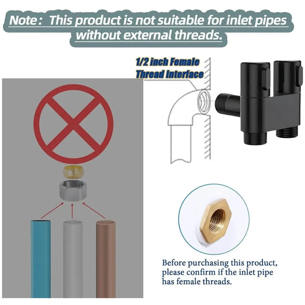 1-In-2-Out Dual Control Angle Valve, Angular Angle Cock Water Splitter Valve with Shut-Off, 1/2