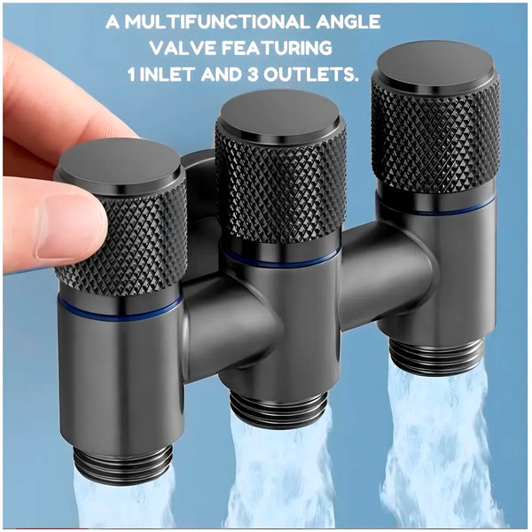 AQUAKART 3 in 1 Angular Angle Valve Black Triple Tap for Bathroom, Geyser | Luxury Series Three-Way Angle Valve 3 in 1 valve for Bathroom Three Way Tap Black Washing Machine. 11 x 7 cm - 2