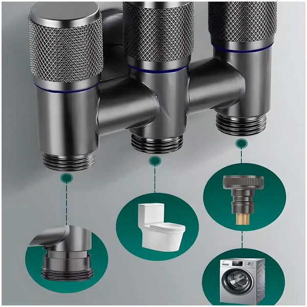 AQUAKART 3 in 1 Angular Angle Valve Black Triple Tap for Bathroom, Geyser | Luxury Series Three-Way Angle Valve 3 in 1 valve for Bathroom Three Way Tap Black Washing Machine. 11 x 7 cm - 5