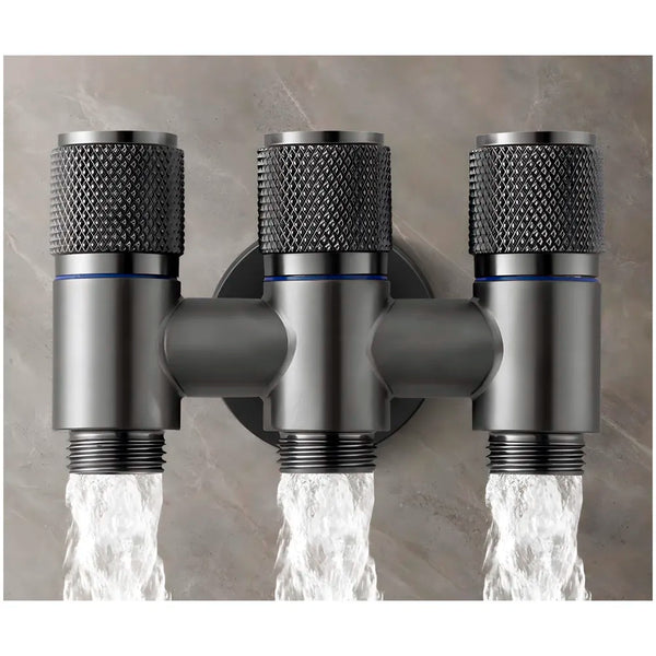 AQUAKART 3 in 1 Angular Angle Valve Black Triple Tap for Bathroom, Geyser | Luxury Series Three-Way Angle Valve 3 in 1 valve for Bathroom Three Way Tap Black Washing Machine. 11 x 7 cm - 6