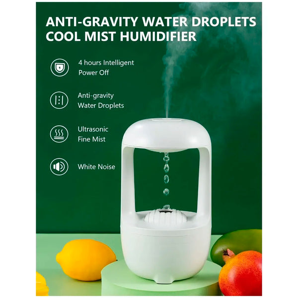 Anti-Gravity Humidifier Ultrasonic Cold Mist With Water Drop Spraying, Backflow Of Water Unique Lighting Design, Bedroom And Office Humidifier, Automatic Stop Function, White, 500 ML - 2