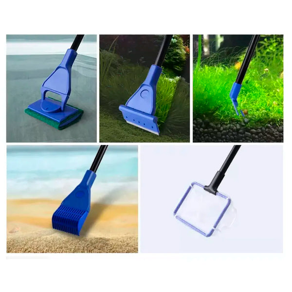 5 in 1 Aquarium Fish Tank Clean Set Algae Scraper Fish Net Sponge Plant Fork Gravel Rake. Telescopic 80cm Rod. - 3