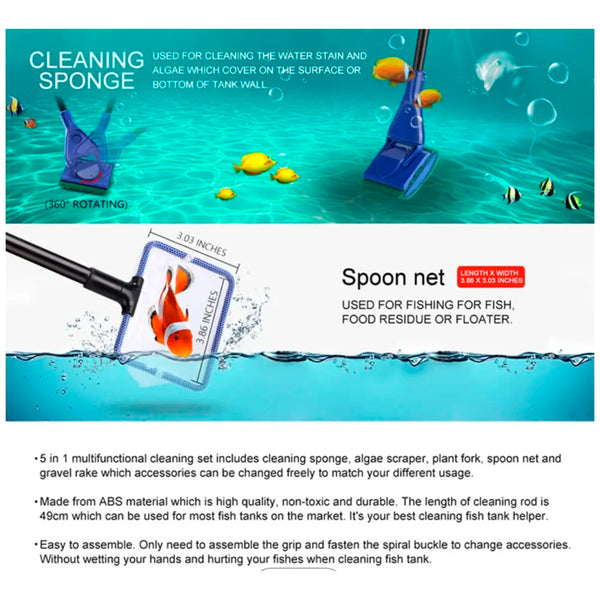 5 in 1 Aquarium Fish Tank Clean Set Algae Scraper Fish Net Sponge Plant Fork Gravel Rake. Telescopic 80cm Rod. - 5