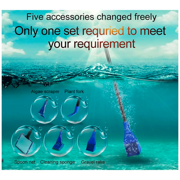 5 in 1 Aquarium Fish Tank Clean Set Algae Scraper Fish Net Sponge Plant Fork Gravel Rake. Telescopic 80cm Rod. - 8