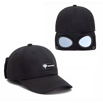 Aviator Cap for Men & Women, Retro Streetwear Baseball Hat with Built-in Aviator Lens Design, Adjustable Cotton Cap – Black