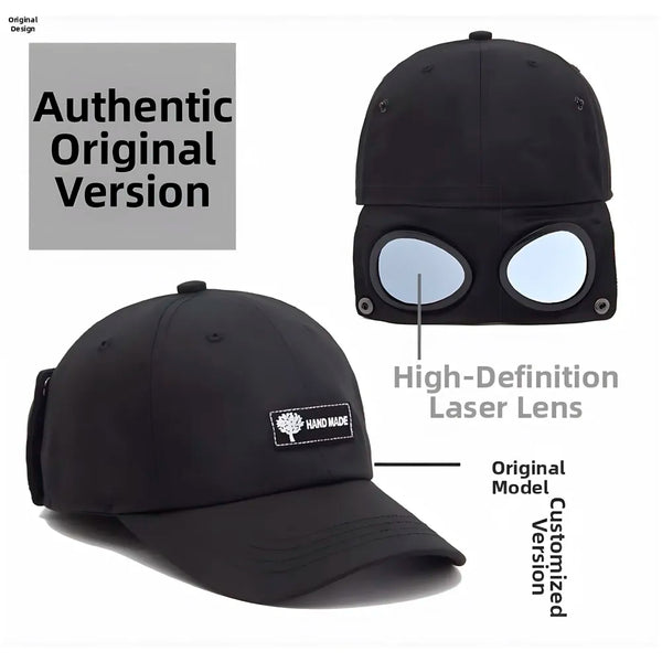 Aviator Cap for Men & Women, Retro Streetwear Baseball Hat with Built-in Aviator Lens Design, Adjustable Cotton Cap – Black - 2
