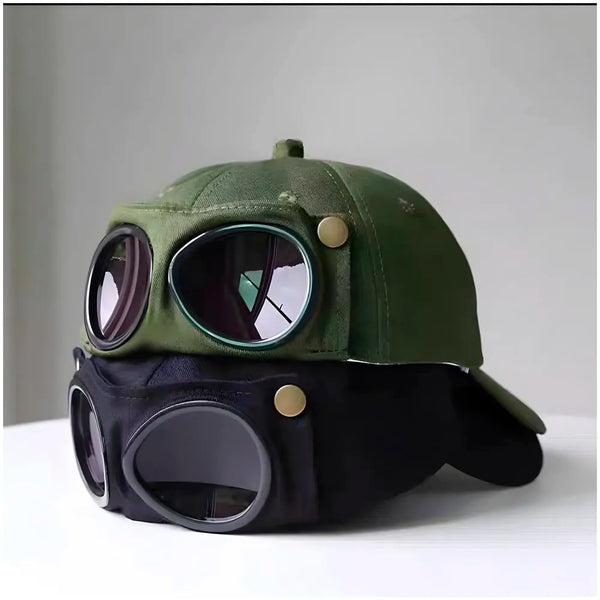 Aviator Cap for Men & Women, Retro Streetwear Baseball Hat with Built-in Aviator Lens Design, Adjustable Cotton Cap – Black - 7