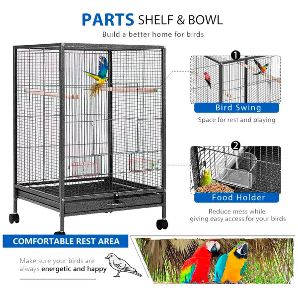 30 inch Sturdy Large Bird metal Cage for Parakeets Cockatiels Parrot Sun Conure Green-Cheeked Parakeet Lovebird Canary Finch Lovebird Pigeons Parrot with Rolling Stand (Black, Large) - 2