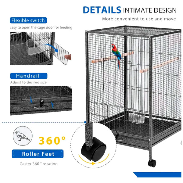 30 inch Sturdy Large Bird metal Cage for Parakeets Cockatiels Parrot Sun Conure Green-Cheeked Parakeet Lovebird Canary Finch Lovebird Pigeons Parrot with Rolling Stand (Black, Large) - 3