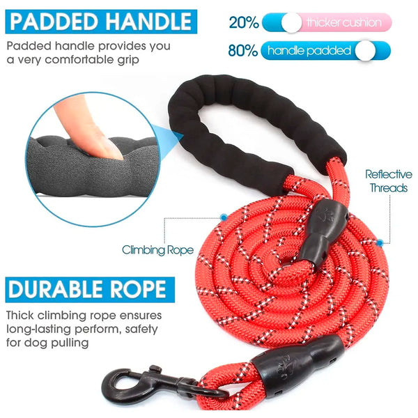 Braided 5 Ft, Strong Dog Leash with Comfortable Padded Handle and Highly Reflective Threads for Small Medium and Large Dogs. (Red) - 2