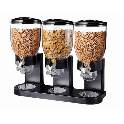 Triple Cereal Dispenser Airtight Kitchen Storage for Cornflakes/Cereal/Pulses/Beans/Oatmeal/Candy/Namkeen/Dry Food Container Food Dispenser, Black Triple Jar - 42 x 35 cm