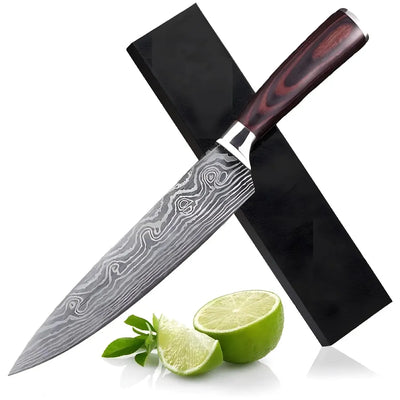 Damascus Chef Knife - 8 Inch High Carbon Stainless Steel with Laser Pattern - Sharp, Ergonomic - Gift Boxed