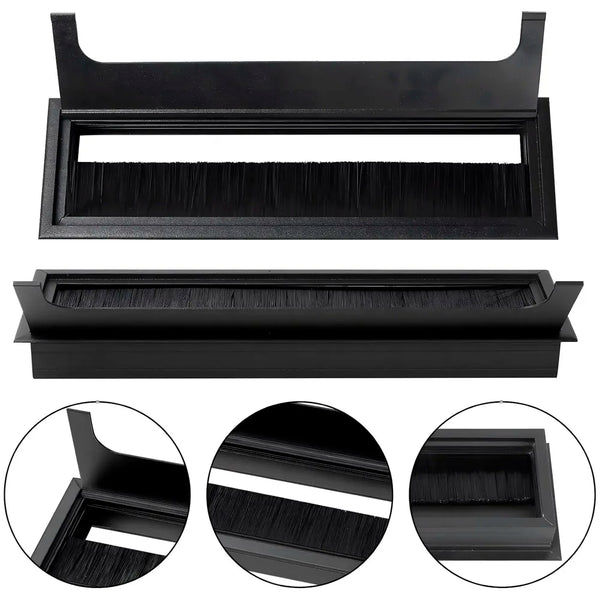 28 Cm Aluminum Office Desk Wire Cable Hole Cover with Dust Proof Brushes for Computers Work Rectangular Metal Organizer Stylish Desk Accessory Wire Manager Concealed. 280 mm x 80 mm Black - 3