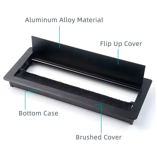 28 Cm Aluminum Office Desk Wire Cable Hole Cover with Dust Proof Brushes for Computers Work Rectangular Metal Organizer Stylish Desk Accessory Wire Manager Concealed. 280 mm x 80 mm Black - 5