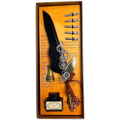 Feather Pen Set, Vintage Carving Glittering Quill Pen Set Antique Calligraphy set Writing Dip Pen with Black Ink, 5 Replacement Nibs, Pen Stand Base, Luxury Signature Pen.