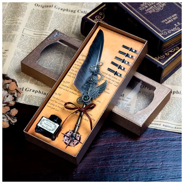 Feather Pen Set, Vintage Carving Glittering Quill Pen Set Antique Calligraphy set Writing Dip Pen with Black Ink, 5 Replacement Nibs, Pen Stand Base, Luxury Signature Pen. - 3