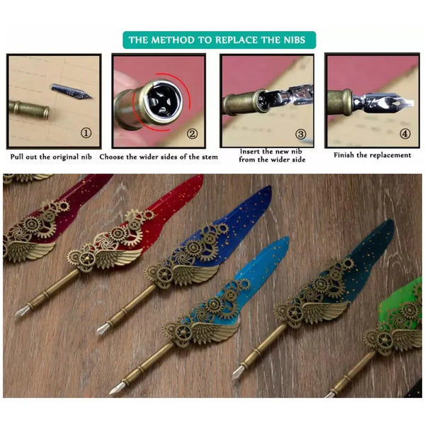 Feather Pen Set, Vintage Carving Glittering Quill Pen Set Antique Calligraphy set Writing Dip Pen with Black Ink, 5 Replacement Nibs, Pen Stand Base, Luxury Signature Pen. - 5