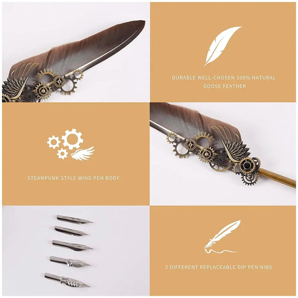 Feather Pen Set, Vintage Carving Glittering Quill Pen Set Antique Calligraphy set Writing Dip Pen with Black Ink, 5 Replacement Nibs, Pen Stand Base, Luxury Signature Pen. - 6