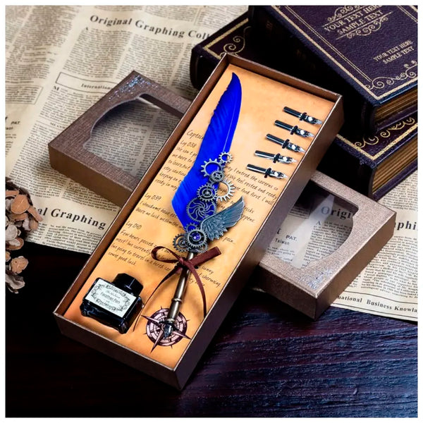 Blue Feather Pen Set, Vintage Carving Glittering Quill Pen Set Antique Calligraphy set Writing Dip Pen with Black Ink, 5 Replacement Nibs, Pen Stand Base, Luxury Signature Pen. - 3