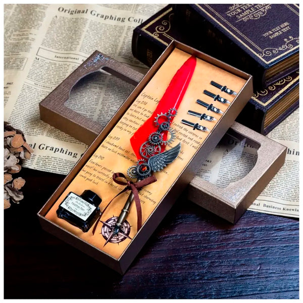 Red Feather Pen Set Vintage Carving Glittering Quill Pen Set Antique Calligraphy set with Black Ink, 5 Replacement Nibs, Pen Stand Base, Luxury Signature Pen. - 3