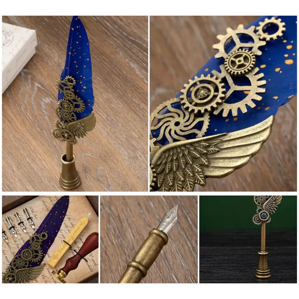 Red Feather Pen Set Vintage Carving Glittering Quill Pen Set Antique Calligraphy set with Black Ink, 5 Replacement Nibs, Pen Stand Base, Luxury Signature Pen. - 7