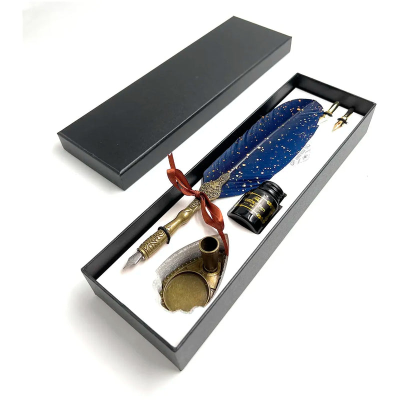 Blue Glitter Feather Pen Set, Vintage Carving Glittering Quill Pen Set Antique Calligraphy set Writing Dip Pen with Black Ink, 2 Replacement Nibs, Pen Stand Base, Luxury Signature Pen.