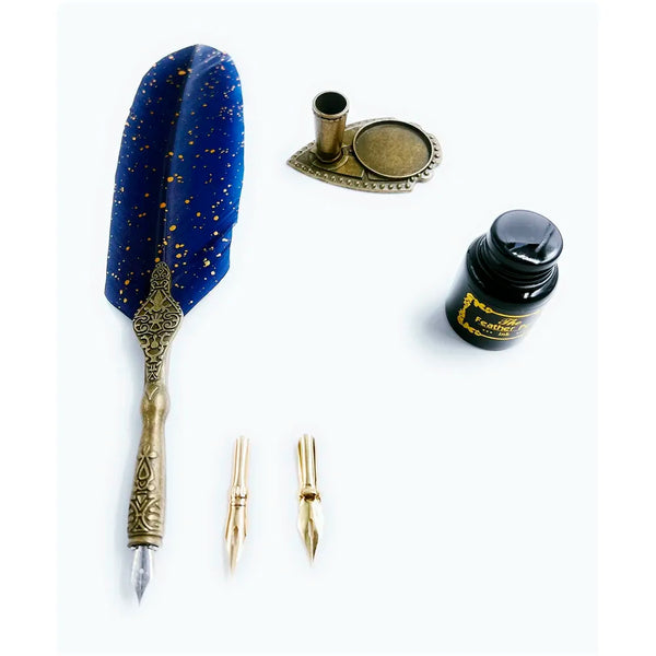 Blue Glitter Feather Pen Set, Vintage Carving Glittering Quill Pen Set Antique Calligraphy set Writing Dip Pen with Black Ink, 2 Replacement Nibs, Pen Stand Base, Luxury Signature Pen. - 2