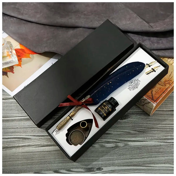 Blue Glitter Feather Pen Set, Vintage Carving Glittering Quill Pen Set Antique Calligraphy set Writing Dip Pen with Black Ink, 2 Replacement Nibs, Pen Stand Base, Luxury Signature Pen. - 6