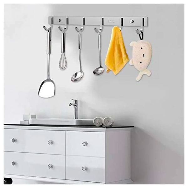 Hook Rack Wall Mounted, Heavy Duty Hook Rail with 6 Round Hooks, 6 - Pronged Hook Rail (Steel Pack of 1) - 3