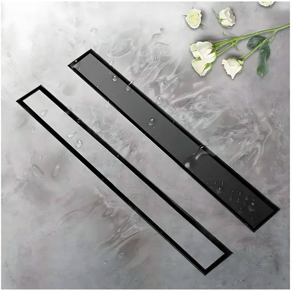 Black Floor Drain, 24 x 4 Inches, Stainless Steel, Brushed Finish, Tile Insert, Cockroach Trap, 60 Cm Center Hole - 2