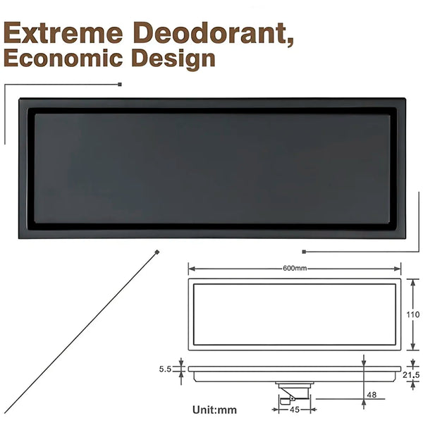Black Floor Drain, 24 x 4 Inches, Stainless Steel, Brushed Finish, Tile Insert, Cockroach Trap, 60 Cm Center Hole - 3
