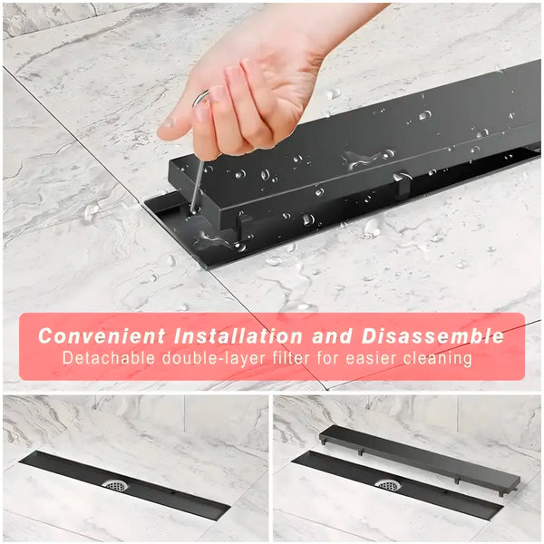 Black Floor Drain, 24 x 4 Inches, Stainless Steel, Brushed Finish, Tile Insert, Cockroach Trap, 60 Cm Center Hole - 4