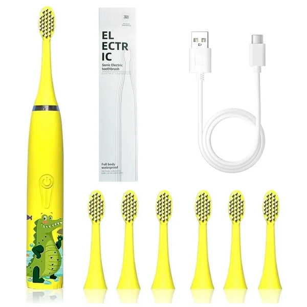 Bioline Kids Children Electric Automatic Toothbrush Kit With 6 Brushes, 4 Modes Of Cleaning Crocodile Green Cartoon Animals Tooth Cleaner Set Oral Care Electric Toothbrush tools For Age 3-15 Years