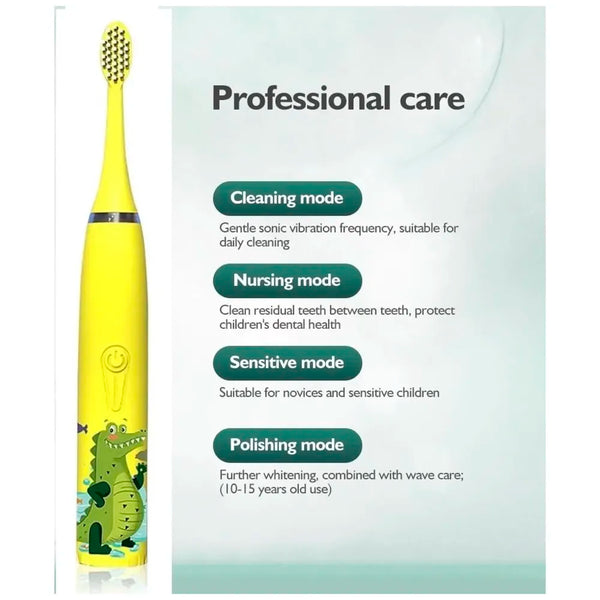 Bioline Kids Children Electric Automatic Toothbrush Kit With 6 Brushes, 4 Modes Of Cleaning Crocodile Green Cartoon Animals Tooth Cleaner Set Oral Care Electric Toothbrush tools For Age 3-15 Years - 3