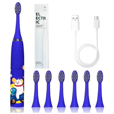 Bioline Kids Children Electric Automatic Toothbrush Kit With 6Brushes,4Modes Of Cleaning Bear Blue Cartoon Animals Tooth Cleaner Set OralCare Electric Toothbrush DentalTools For Age 3-15Years,1Piece