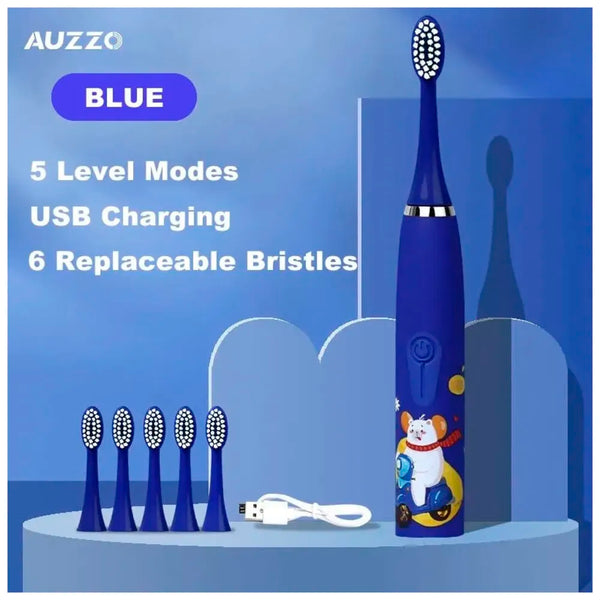 Bioline Kids Children Electric Automatic Toothbrush Kit With 6Brushes,4Modes Of Cleaning Bear Blue Cartoon Animals Tooth Cleaner Set OralCare Electric Toothbrush DentalTools For Age 3-15Years,1Piece - 2