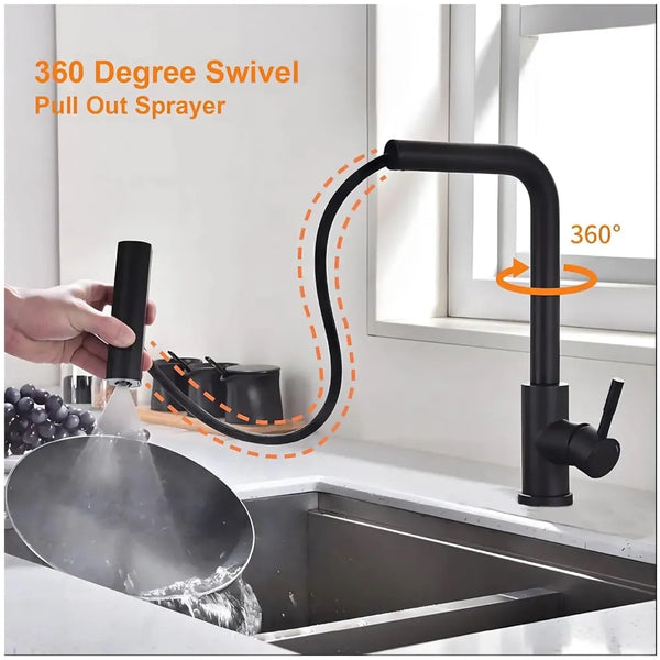 3 in 1 Black Kitchen Faucet. 3 Modes, Swivel Body and Pull Out Sprayer hot and Cold Water Mixer 36 Cm x 14 Cm, 360 Degree Rotation - 3