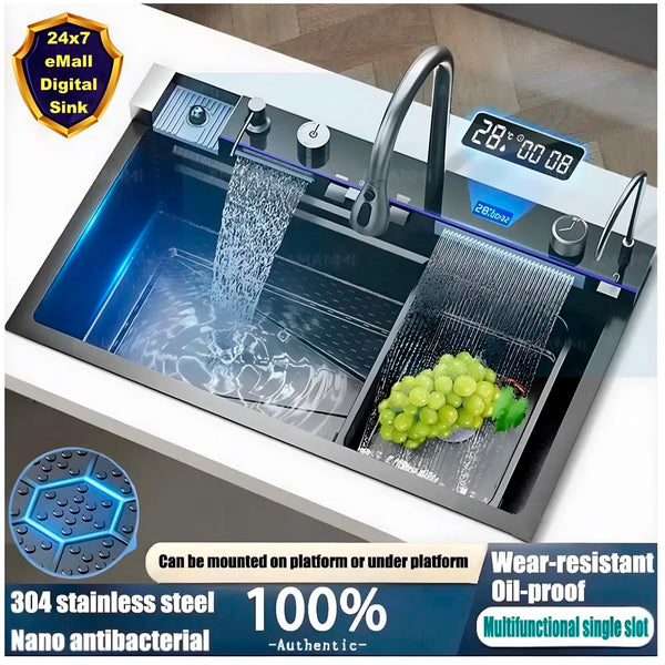 Upgraded Digital Kitchen Sink Multifunctional SS 304 Grade With Scratch Proof 5 Key Buttons With Pull-Down Faucet Digital Display And LED Ambient Light Modular Kitchen Sink (30x18x9 Inches) - 2