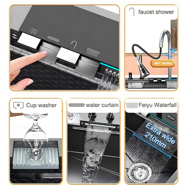 Upgraded Digital Kitchen Sink Multifunctional SS 304 Grade With Scratch Proof 5 Key Buttons With Pull-Down Faucet Digital Display And LED Ambient Light Modular Kitchen Sink (30x18x9 Inches) - 3