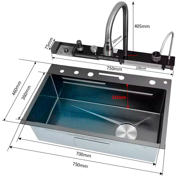 Upgraded Digital Kitchen Sink Multifunctional SS 304 Grade With Scratch Proof 5 Key Buttons With Pull-Down Faucet Digital Display And LED Ambient Light Modular Kitchen Sink (30x18x9 Inches) - 5