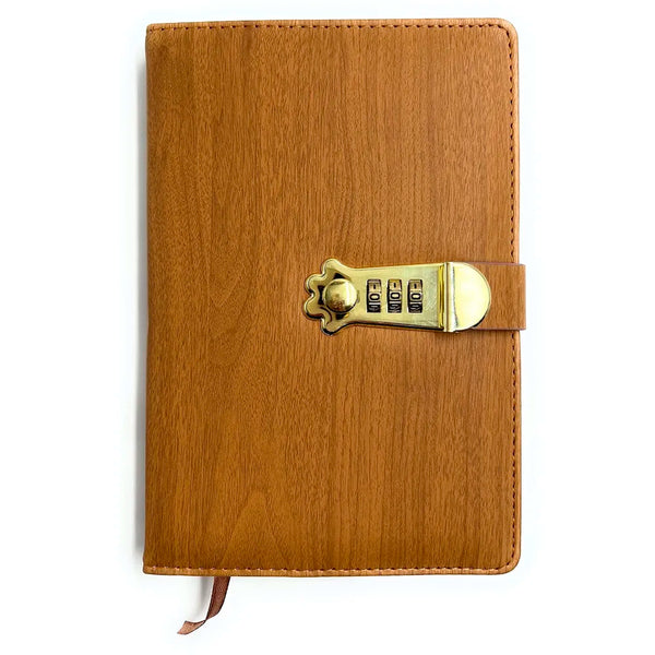 Lock Diary Notebook with Number Lock Combination PU Leather Wood Design Cover 22x15 cm, 230 Pages